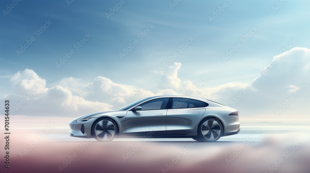 Electric vehicle car or EV car on cloudy blue sky background. Sustainable and renewable energy concept