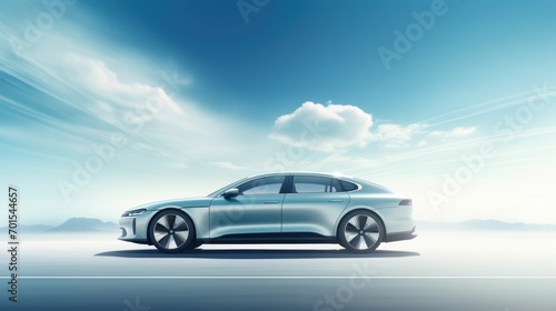 Electric vehicle car or EV car on cloudy blue sky background. Sustainable and renewable energy concept © CYBERUSS