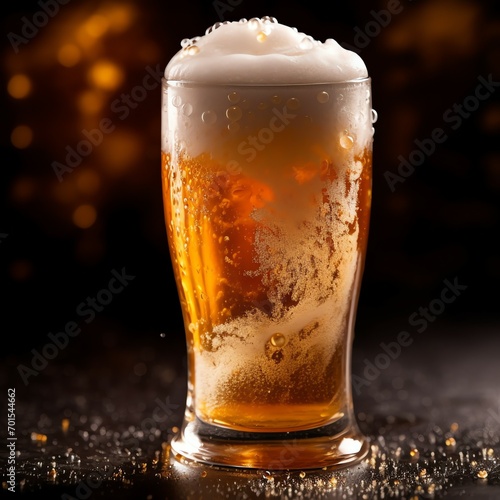 A glass of cold fresh beer with cap of foam. Splash of foam with tasty american beer. Beer day