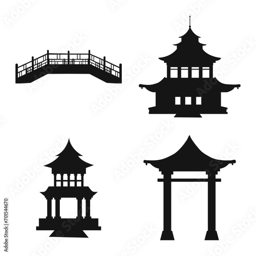 Set of Traditional Chinese Building. With Flat Design. Isolated Vector Icon.