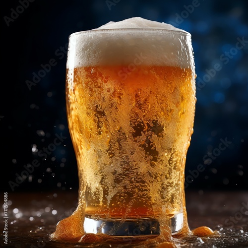 A glass of cold fresh beer with cap of foam. Splash of foam with tasty american beer. Beer day