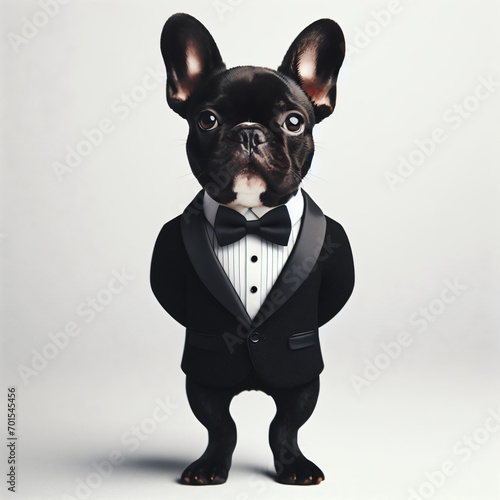 French bulldog in formal wear tuxedo and bow tie, isolated photo