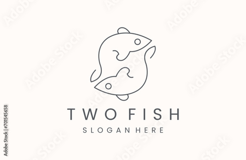 Two Fish logo seafood restaurant menu round icon, fishing emblem minimalist style