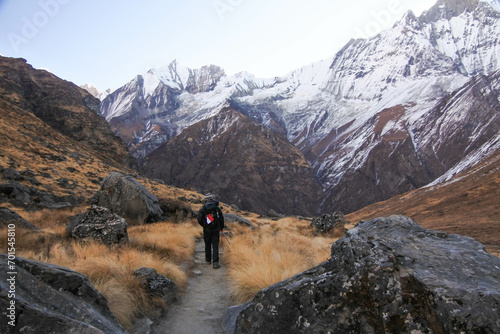 A man walking at Annapurna base camp trek.