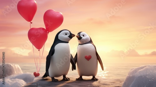 Couple of cute penguin cartoon on romantic valentines background. Valentine's day greeting card, in love photo