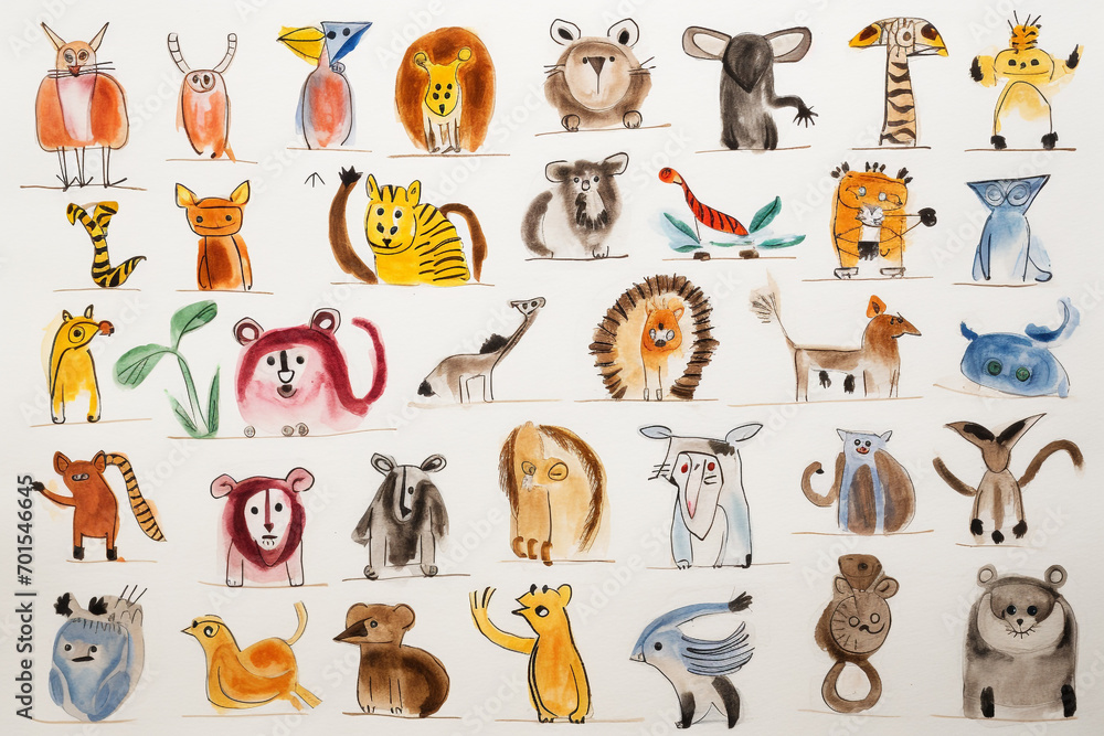 Fototapeta premium Drawing pictures of various cute animals by children