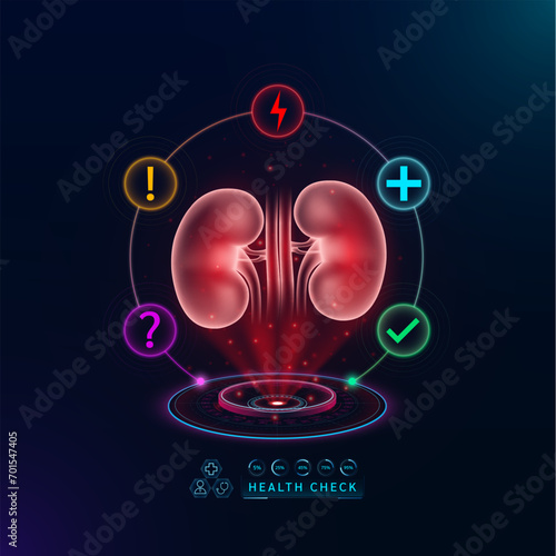 Medical health care. Examine kidney functions to diagnose disorder. Health check organ in form scan virtual interface hologram. With icons question exclamation check mark, thunder and cross. Vector.