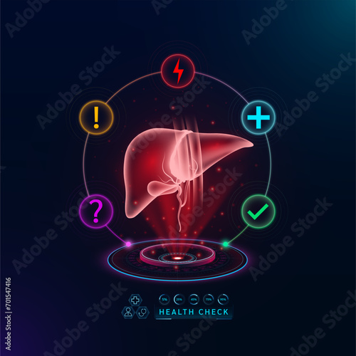 Medical health care. Examine liver functions to diagnose disorder. Health check organ in form scan virtual interface hologram. With icons question exclamation check mark, thunder and cross. Vector.