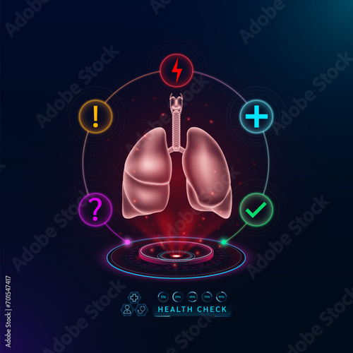 Medical health care. Examine lung functions to diagnose disorder. Health check organ in form scan virtual interface hologram. With icons question exclamation check mark, thunder and cross. Vector.