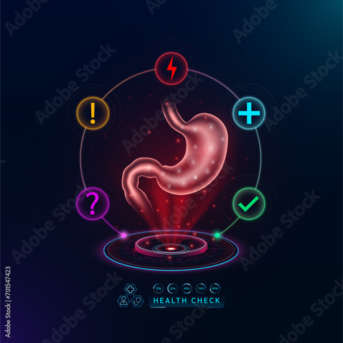 Medical health care. Examine stomach functions to diagnose disorder. Health check organ in form scan virtual interface hologram. With icons question exclamation check mark, thunder and cross. Vector.