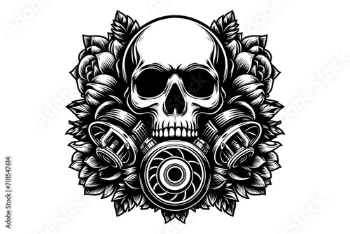 turbo with skull and Flower logo Illustration, Black and white, vector 