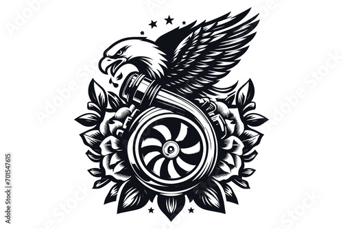 eagle head Skull and Flower logo Illustration, Black and white, vector 
