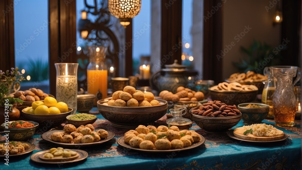 Holy Ramadan food table setting background photo
