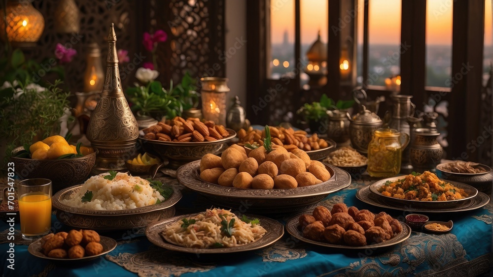 Holy Ramadan food table setting background photo