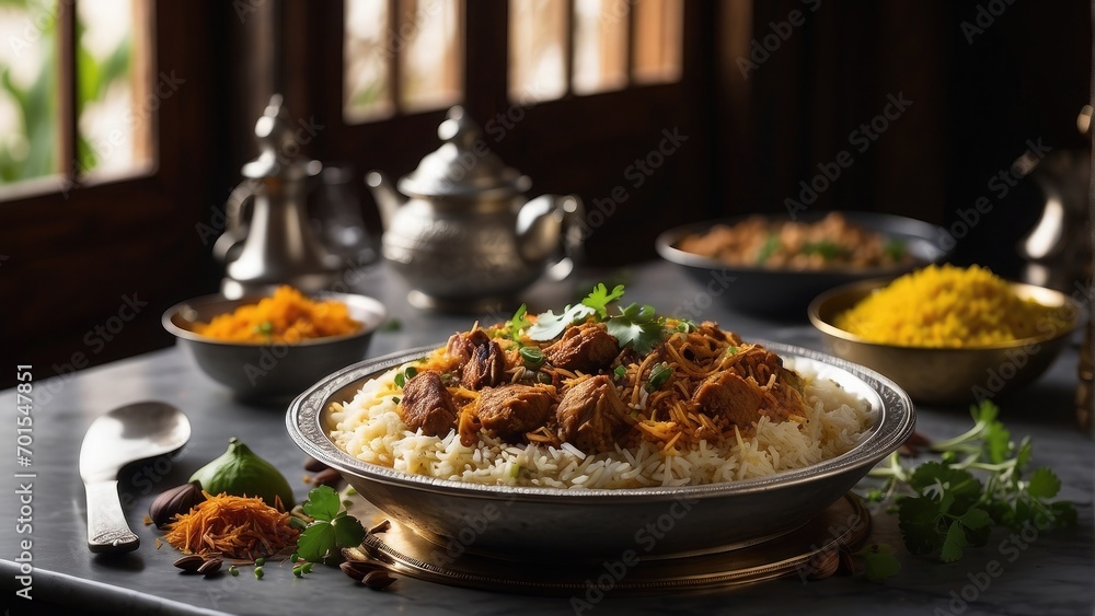 biriyani and meat with vegetables and spices and rice traditional meal and food background photo