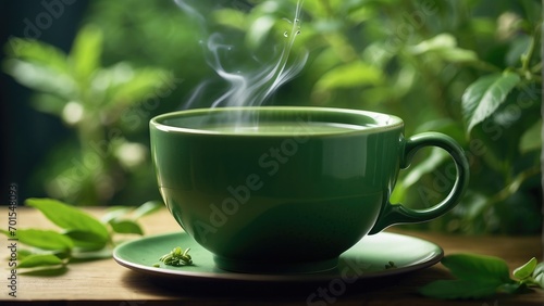 cup of green tea with mint and Spearmint leaf and smoky refresh background photo