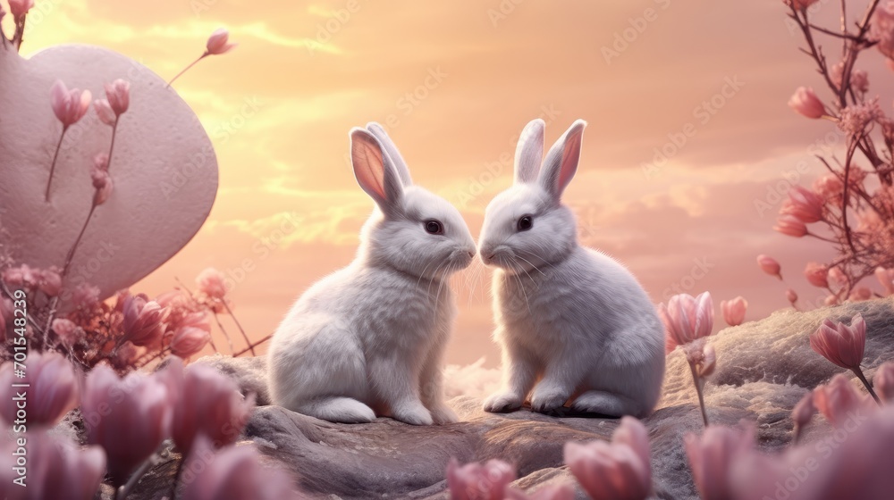 Couple of cute bunny on romantic valentines background. Valentine's day greeting card, in love