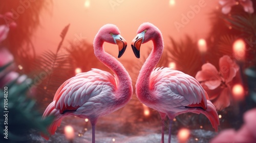 Couple of flamingo on romantic valentines background. Valentine's day greeting card, in love