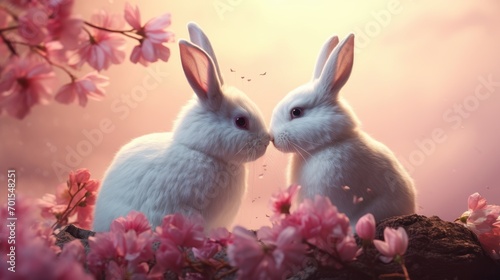 Couple of cute bunny on romantic valentines background. Valentine's day greeting card, in love © CYBERUSS