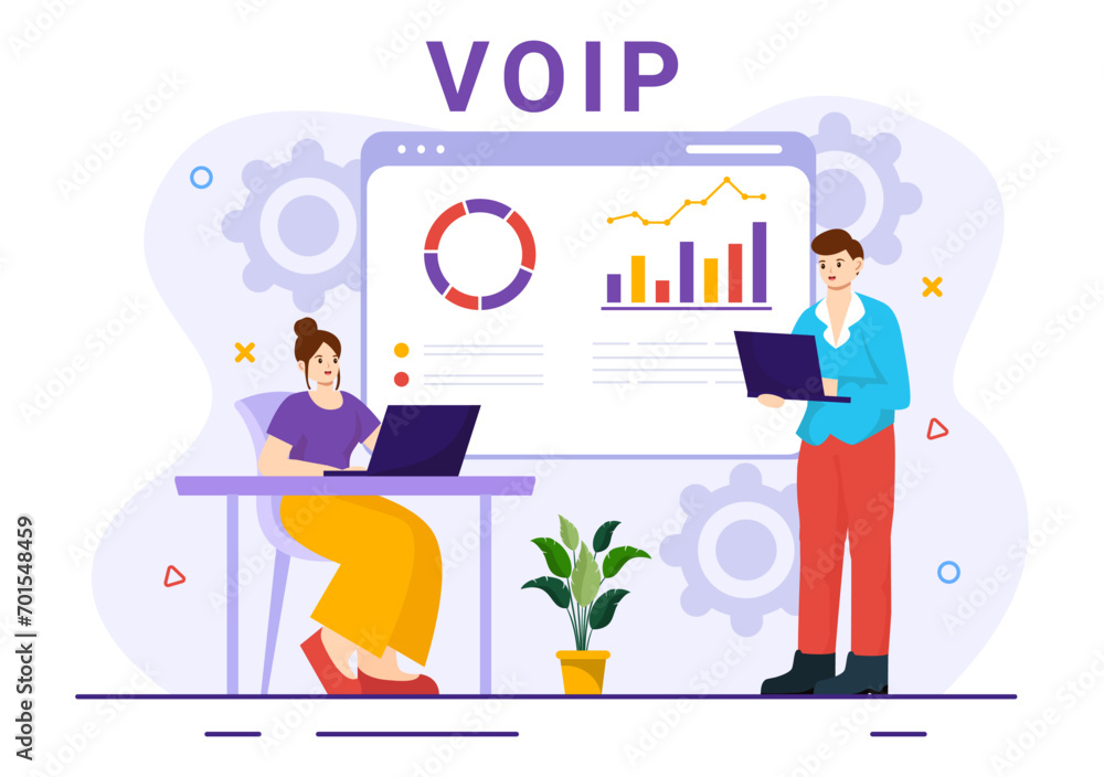 VOIP or Voice Over Internet Protocol Vector Illustration with Telephony Scheme Technology and Network Phone Call Software in Flat Background