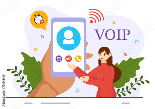 VOIP or Voice Over Internet Protocol Vector Illustration with Telephony Scheme Technology and Network Phone Call Software in Flat Background
