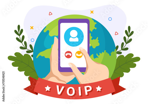 VOIP or Voice Over Internet Protocol Vector Illustration with Telephony Scheme Technology and Network Phone Call Software in Flat Background
