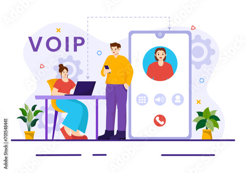 VOIP or Voice Over Internet Protocol Vector Illustration with Telephony Scheme Technology and Network Phone Call Software in Flat Background