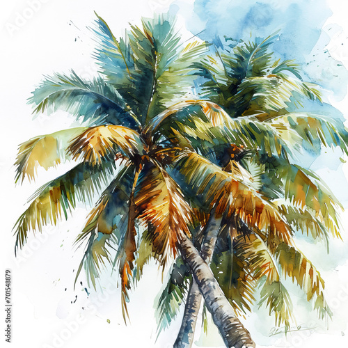 Watercolor drawing of coconut trees on a white background. For your design