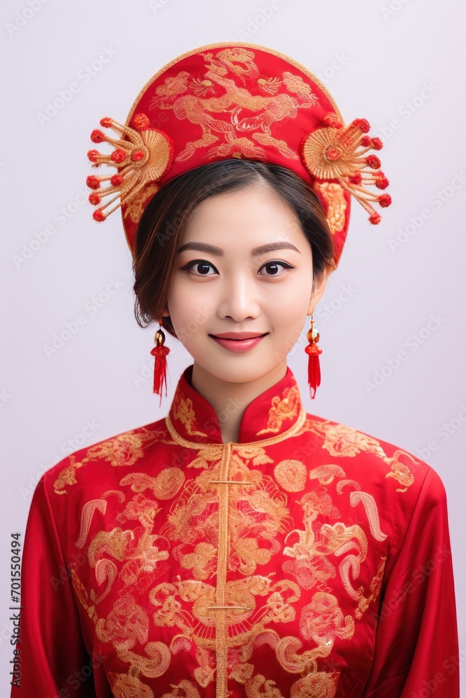 Studio portrait of happy young asian woman wear traditional chinese costume on white background, Happy chinese new year.