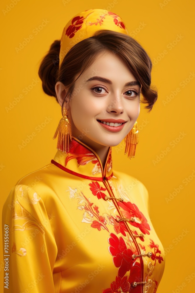 Studio portrait of happy young european woman wear traditional chinese costume on yellow background. Happy chinese new year Studio portrait of happy young european woman wear traditional chinese costume on yellow background. Happy chinese new year