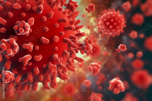 3D render of a medical with virus cells bacteria. Multiple realistic coronavirus particles floating