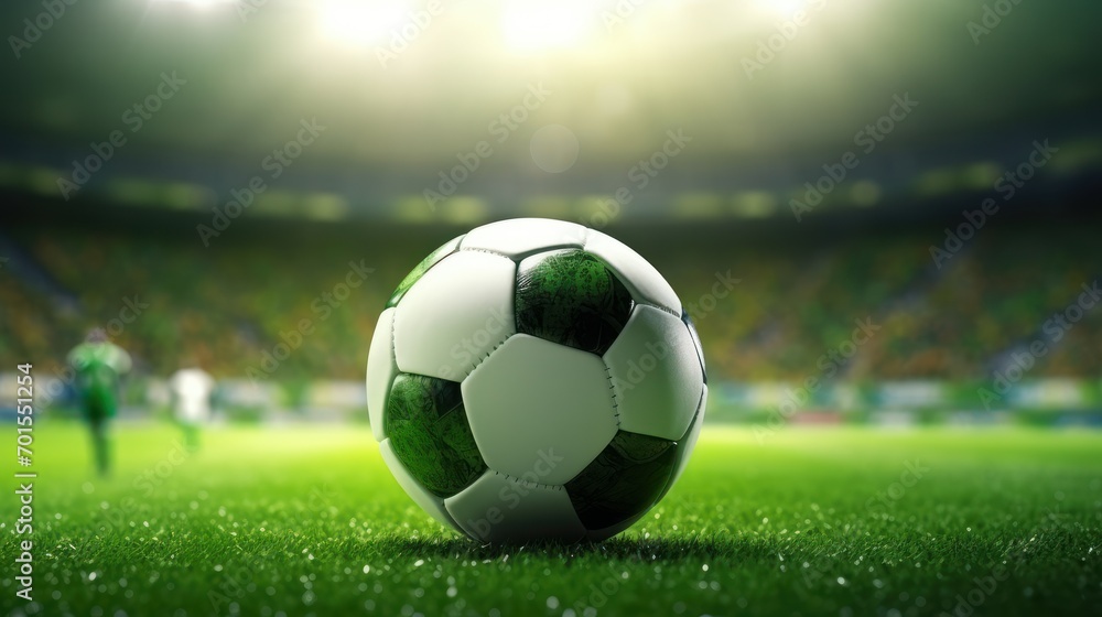Ball on green grass in soccer stadium, Football banner illustration. Soccer field