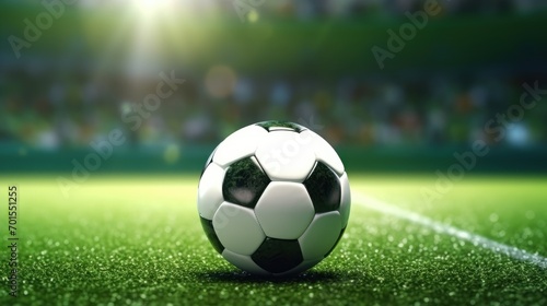 Ball on green grass in soccer stadium, Football banner illustration. Soccer field © Thipphaphone
