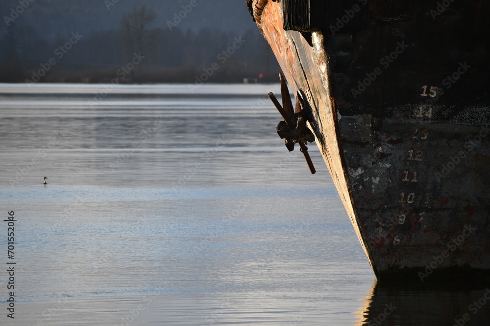 Fototapeta premium Bow of tug boat with water line markings.
