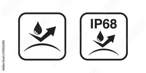 IP66, IP67 and IP68 Waterproof and dustproof protection rating. Water and dust protective capability Label. Water and dust protection level icon and symbol. Vector.