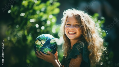 Happy Girl Hugging Planet Earth. Kid Embracing Globe Earth for World Protection, Earth Day, World Environment Day, Save th World. Zero Carbon Dioxide Emissions