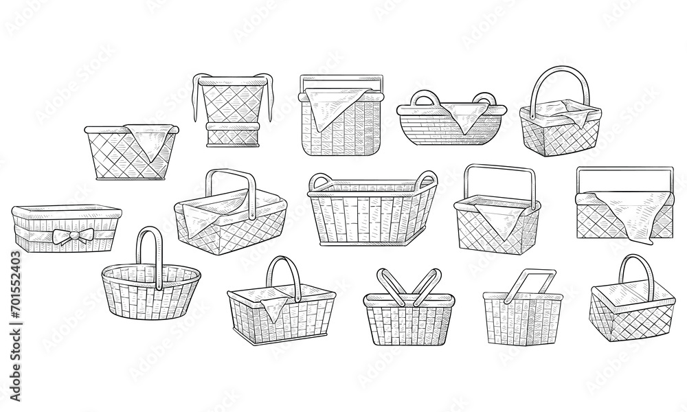 wicker basket handdrawn collection wicker basket handdrawn collection