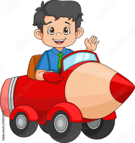 Happy business man riding pencil car