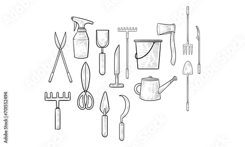 garden tools handdrawn collection