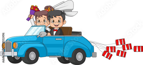 Wedding invitation with funny bride and groom on car driving to their honeymoon