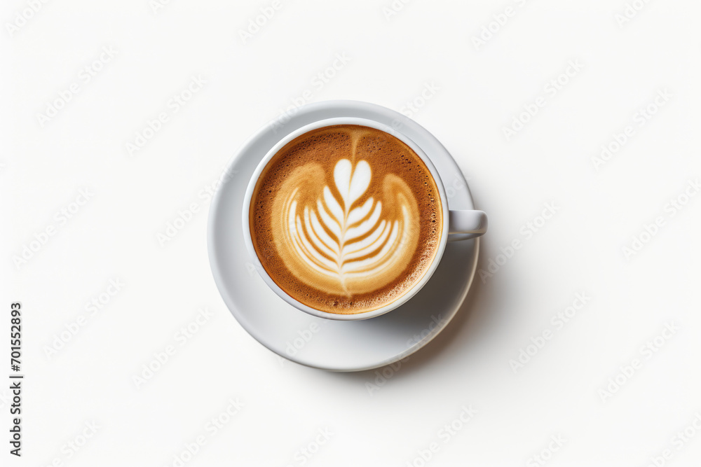 a cup of coffee with latte art of a smiley face, top down view, white background --ar 3:2 --v 5.2 Job ID: 71efdb4b-23a3-4985-bba4-b20eb424cefb - obrazy, fototapety, plakaty 