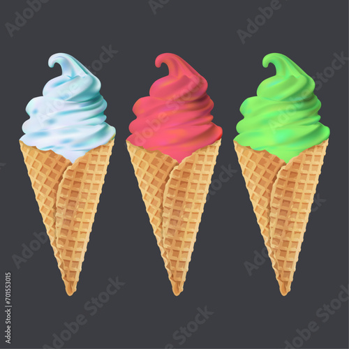 Set of soft ice cream waffled cone in black background vector illustration