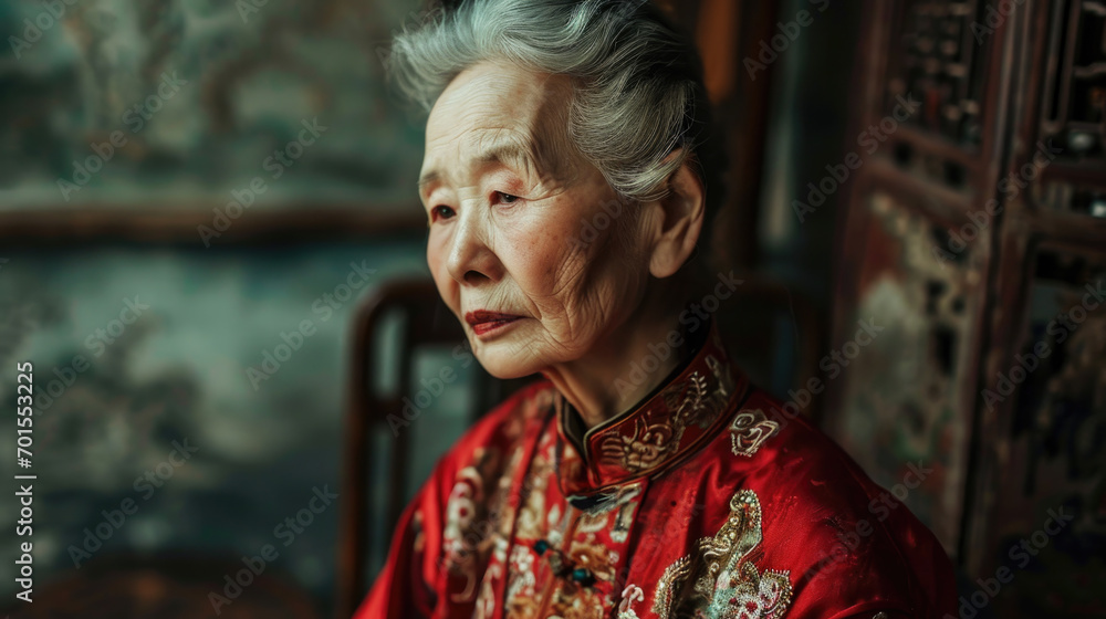 A wise old Chinese woman sitting in a chair and wearing a decorative red dress or top. She is illuminated by window light.