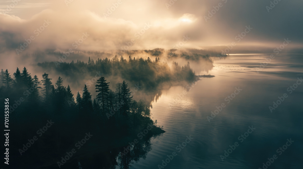aerial view moody mood foggy lake in a sunset sky