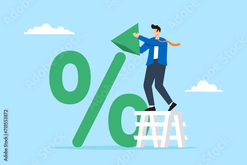 Businessman putting upward arrow on percentage sign in flat design