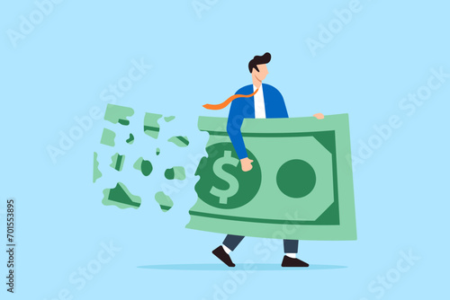 Businessman holding ripped dollar, crumble and devaluation in flat design