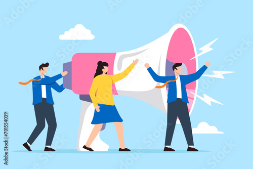Public relations professional amplify message on megaphone in flat design photo