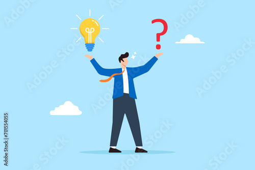 Smart businessman holding questions mark and light bulb solutions in flat design
