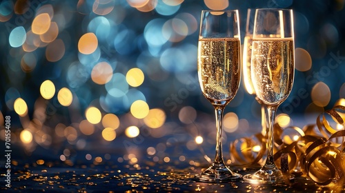 Champagne Toast Celebration - Happy New Year With Golden Glitter On Blue Abstract Background And Defocused Bokeh Lights.