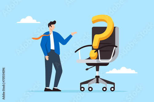 Businessman candidate looking question mark on office chair in flat design